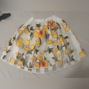 Vintage Lemon Print Pleated Midi Skirt Sheer Overlay Summer Y2K Cottagecore VTG